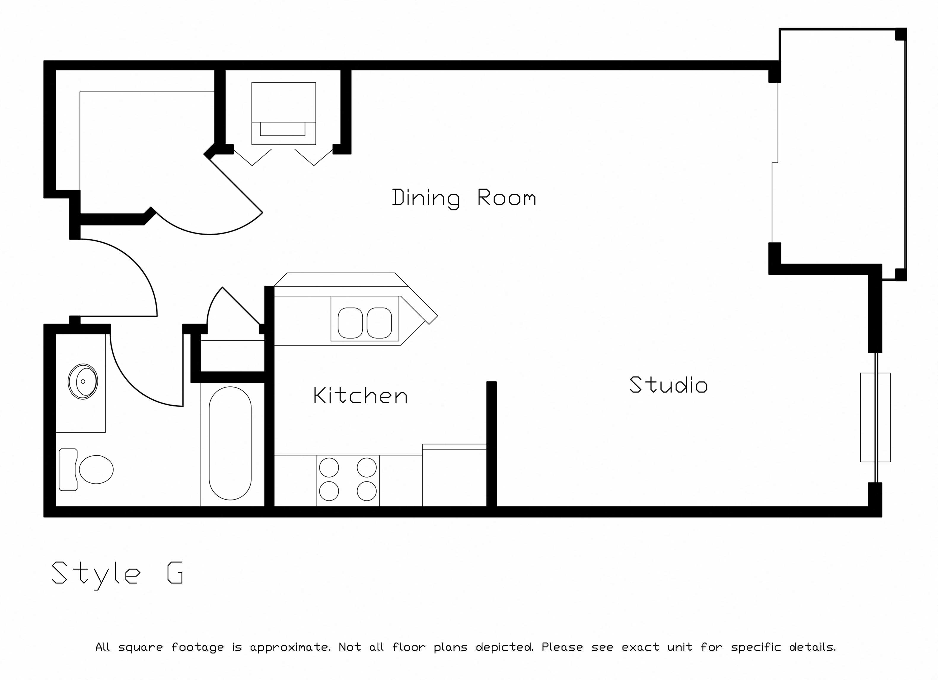 Floor plan for studio, 1 bath, 557 sqft